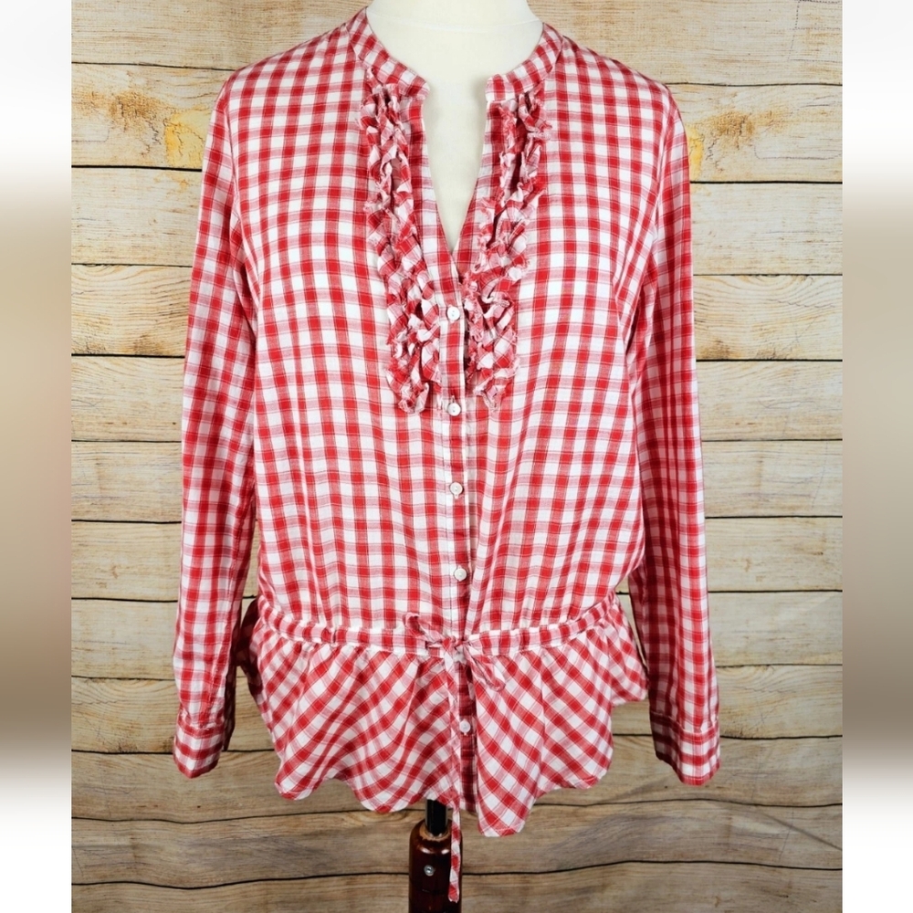 Sundance Red Gingham Check Cotton Ruffled Shirt Blouse Size Large